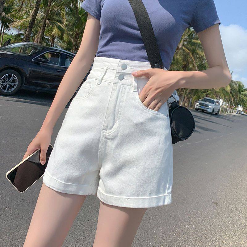 白色宽松牛仔短裤女2023年夏季高腰双扣a字卷边显瘦学生夏天热裤