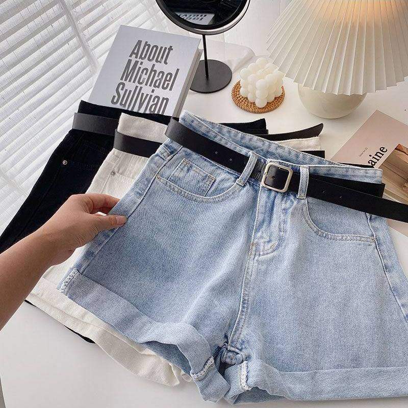 浅色卷边高腰牛仔短裤女2023年新款夏季薄款a字阔腿宽松热裤子潮