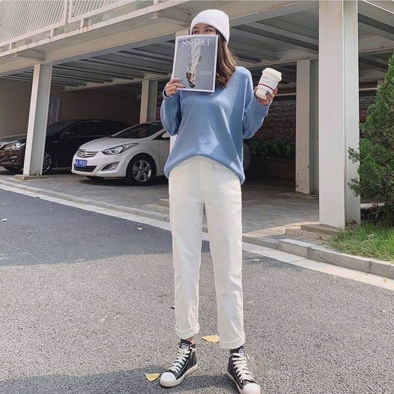 纯白色春秋季新款百搭牛仔裤女高腰阔腿宽松九分直筒显瘦韩版学生