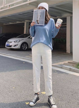 纯白色春秋季新款百搭牛仔裤女高腰阔腿宽松九分直筒显瘦韩版学生