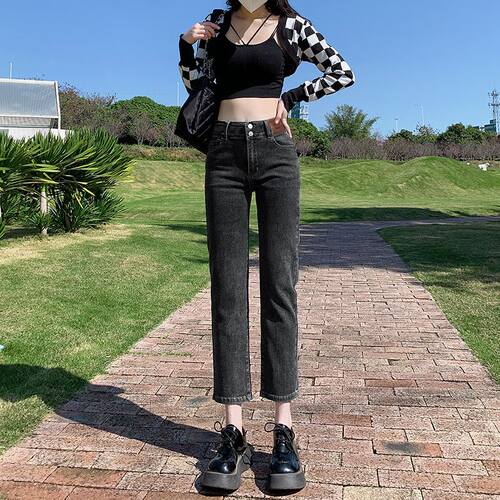 高腰烟管裤弹力百搭直筒牛仔裤女秋季2024新款小个子九分百搭裤子