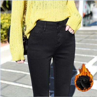 冬季高腰加绒加厚牛仔裤女白色铅笔裤显瘦弹力保暖小脚裤女靴裤