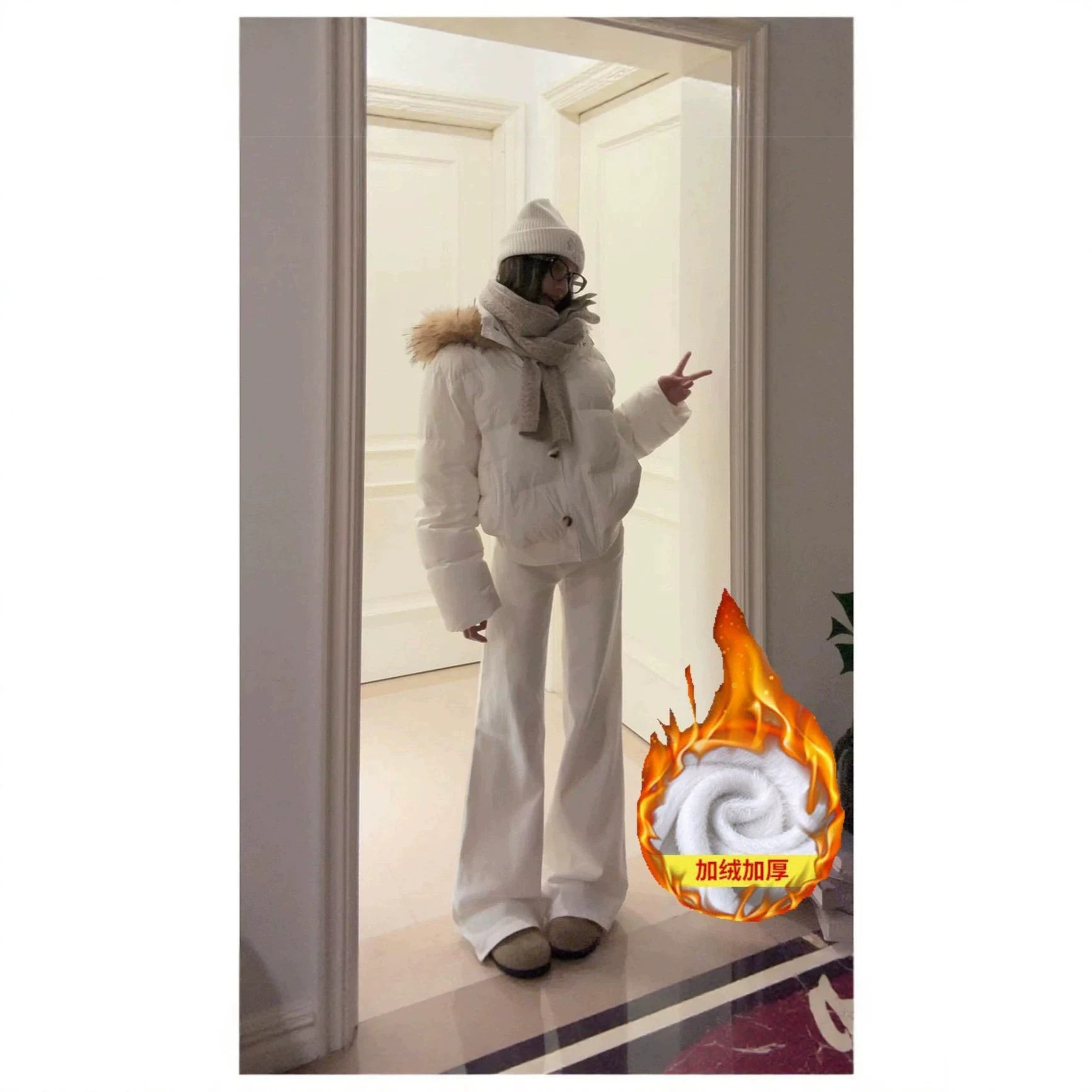 秋冬加绒加厚高腰修身显瘦马蹄喇叭拖地长裤白色弹力微喇牛仔裤女