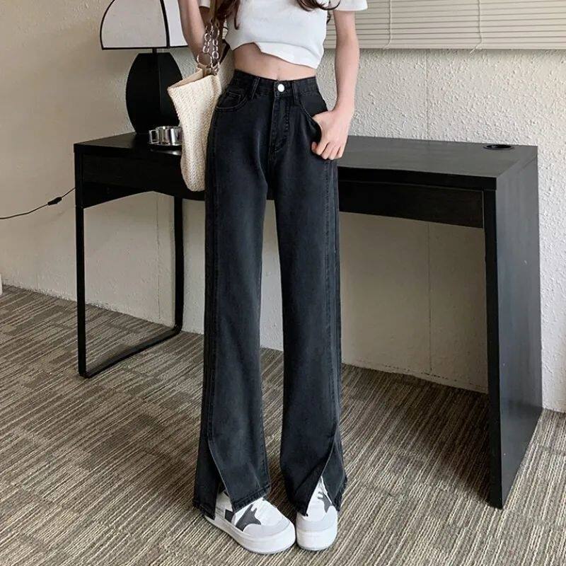 时尚百搭裤脚开叉高腰学生牛仔裤女2023新款黑色微喇叭阔腿长裤潮