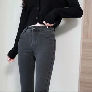 高腰牛仔裤女黑色紧身小脚裤外穿韩版显瘦弹力九分学生铅笔长裤子