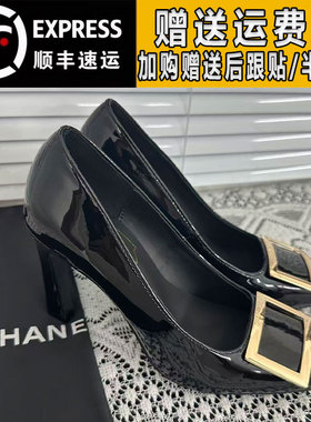 rv黑色方扣高跟鞋女2025秋冬季真皮细跟马蹄跟方头加绒保暖单鞋女