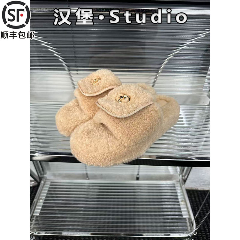 韩系小香风书包扣翻盖毛毛拖鞋女2025秋冬厚底毛毛鞋外穿加绒保暖