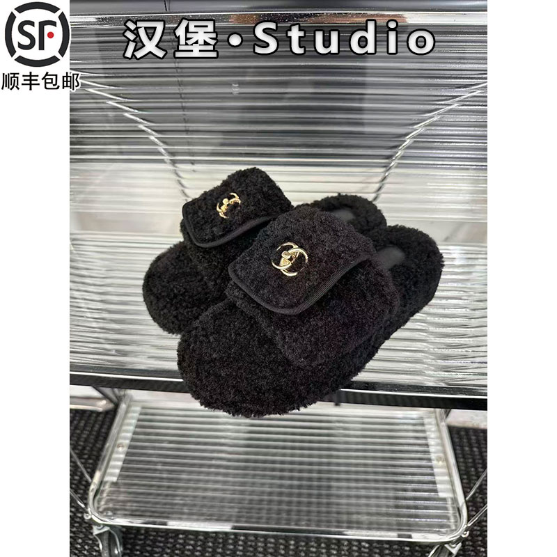 韩系小香风书包扣翻盖毛毛拖鞋女2025秋冬加绒保暖厚底毛毛鞋外穿