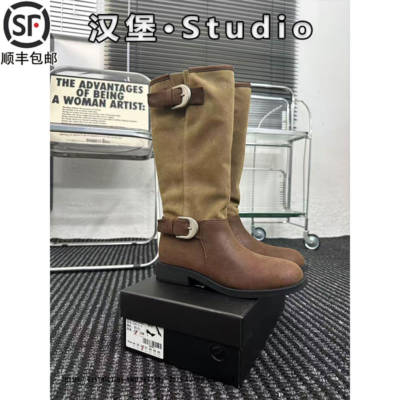 马思纯同款废土游牧风金属搭扣真皮西部中筒骑士靴子长筒堆堆靴女