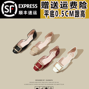 女平底方頭涼鞋 女 2025春夏chips大象灰漆皮rv方扣中空單鞋 羊皮版