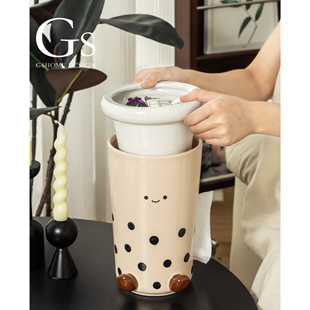 珍珠奶茶纸巾盒收纳杯一体2025新款可爱轻奢风高档玄关放钥匙摆件