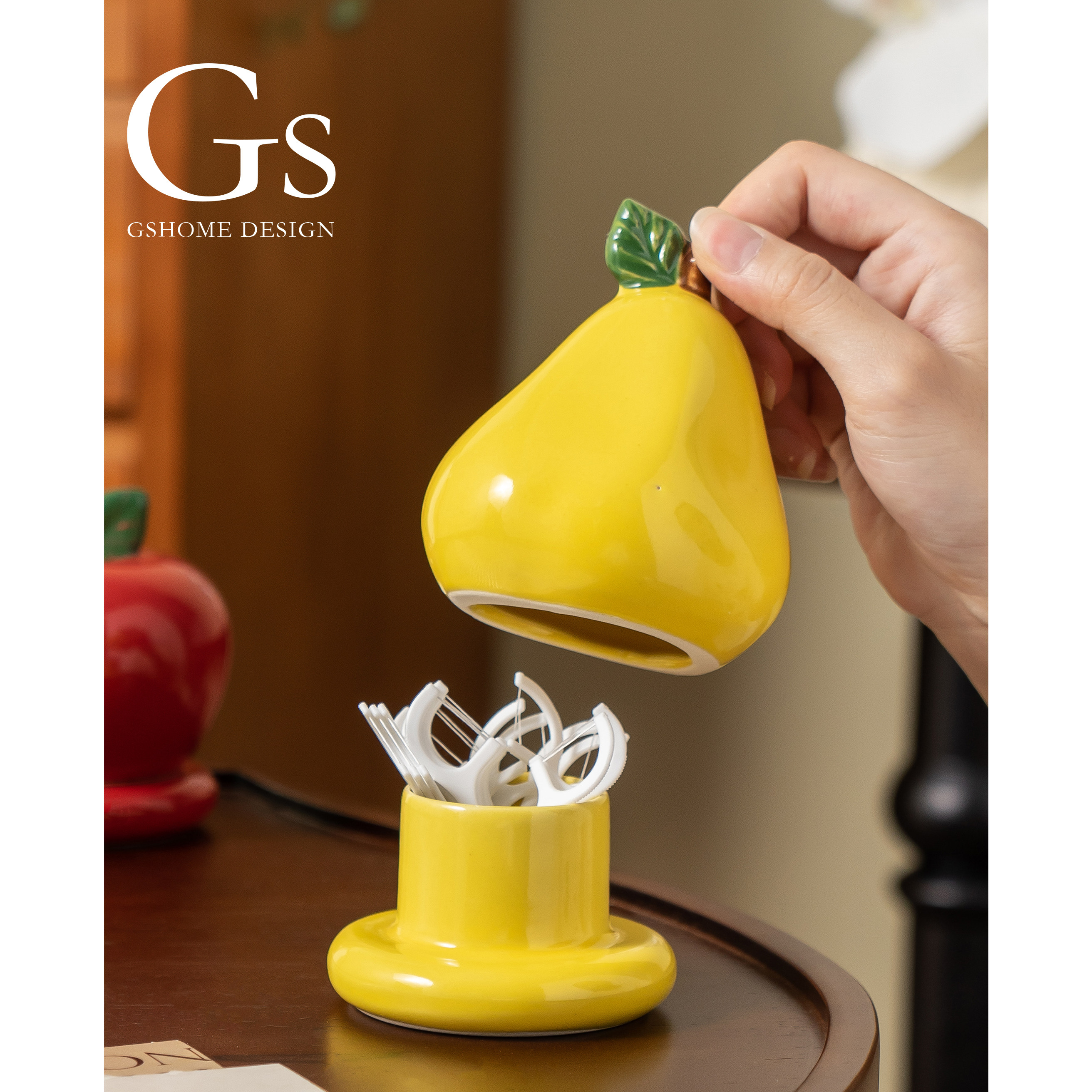 牙线盒2025新款高颜值创意果签收纳罐客厅茶几桌面陶瓷梨装饰摆件,收纳整理,牙签筒,淘宝优惠券,粉丝福利购,淘宝优惠卷