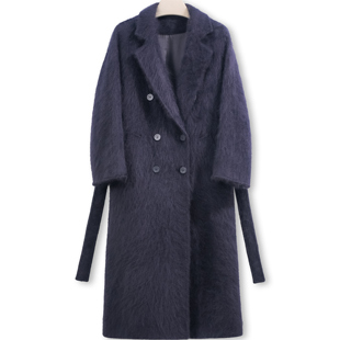 10山羊绒90绵羊毛皮草感拉毛801排扣系带女士长款 大衣外套秋冬