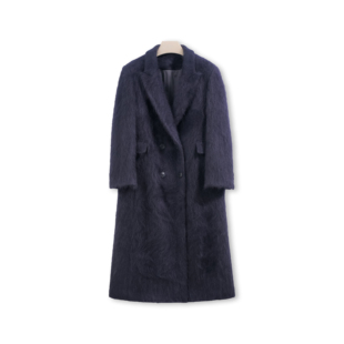 10山羊绒90绵羊毛皮草感拉毛西装领女士长款大衣外套秋冬保暖通勤