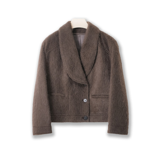 100牦牛绒皮草感拉绒青果领排扣显瘦剪裁女短款大衣外套秋冬通勤