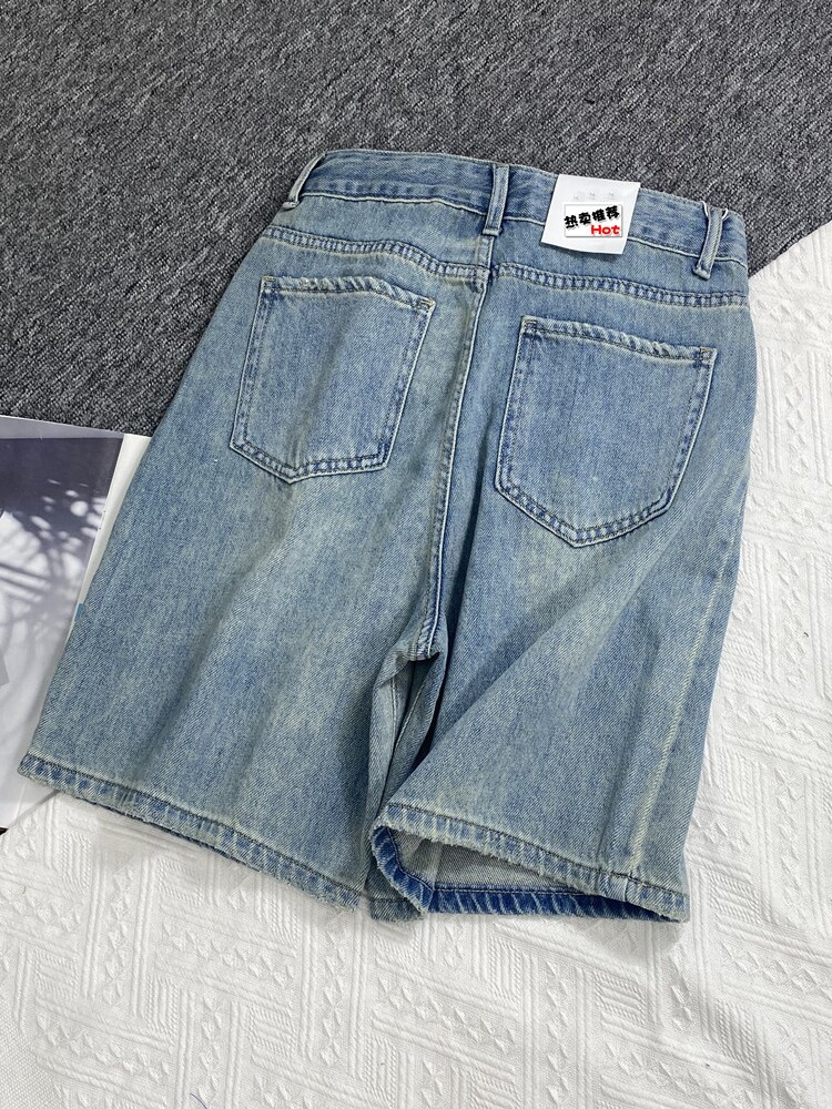 RIPPED STRAIGHT DENIM CROPPED PANTS WOMENS NEW SUMMER KOREAN VERSION HIGH WAIST LOOSE NICHE A-LINE SHORTS WIDE LEG MID PANTS