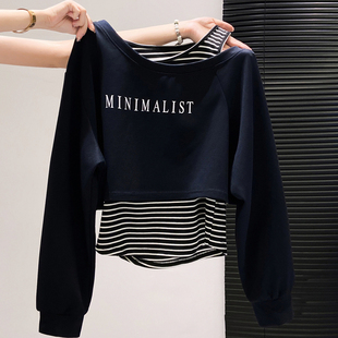 女童斜肩条纹拼接卫衣早秋季新款真两件女韩系休闲设计感长袖T恤