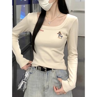 女童正肩U领印花长袖t恤女内搭秋季打底衫修身纯棉显瘦低领小上衣