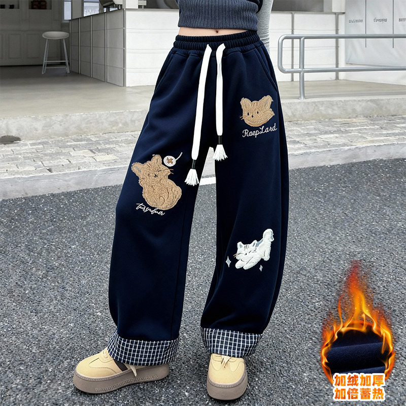 女童刺绣格子卷边休闲裤秋冬季巨好看加绒裤子宽松阔腿运动裤卫裤