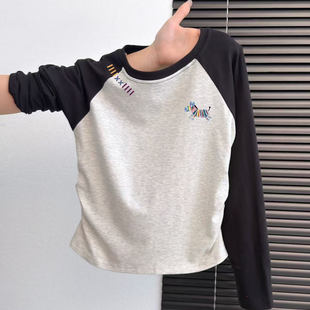 女童美式复古撞色插肩长袖T恤秋新款褶皱修身儿童打底衫百搭上衣