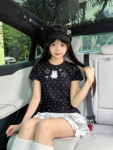 女童黑色波点T恤夏季新款中大童纯棉短袖儿童洋气修身百搭上衣潮