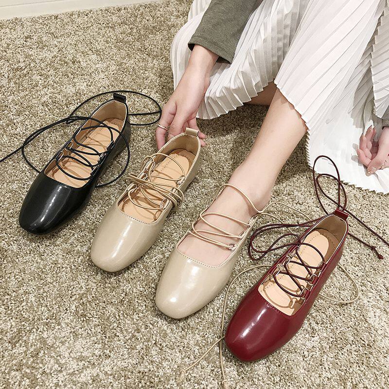 2020春新款蝴蝶结浅口复古简约奶奶鞋女方头百搭平底鞋仙女风单鞋