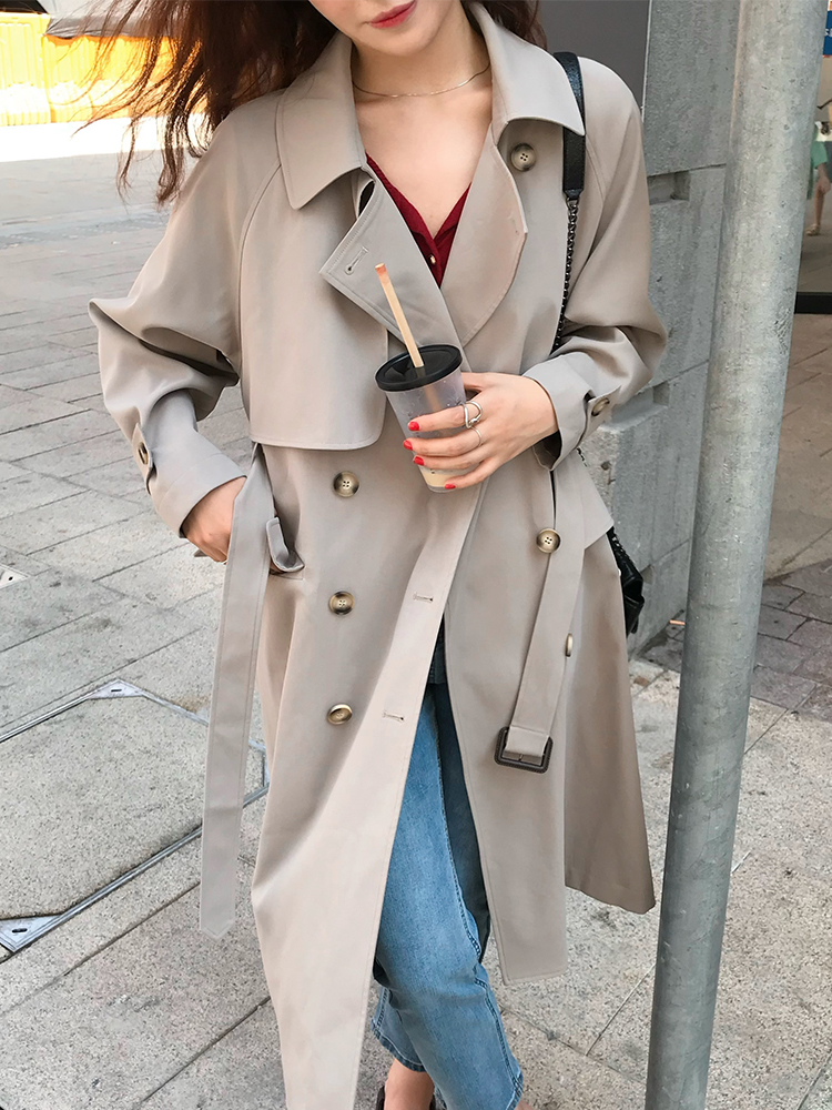 77store Khaki windbreaker women's long version of the small man 2020 spring and autumn new Korean version loose temperament jacket