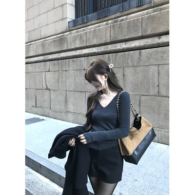 v领针织衫女秋冬显瘦长袖打底衫
