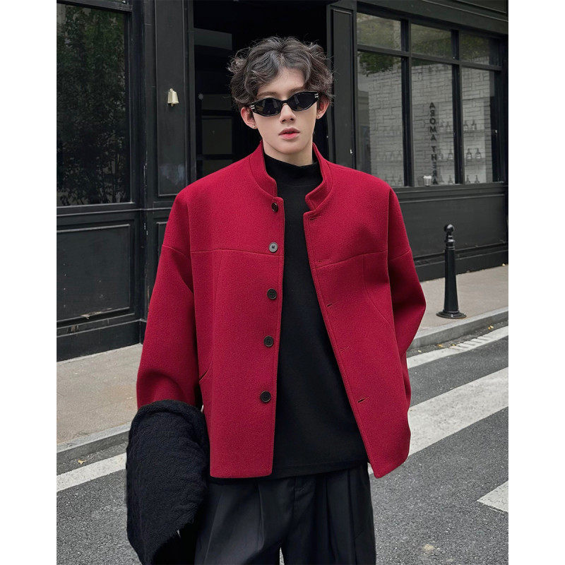 毛呢大衣男秋冬短款小立领安哥拉红色毛呢外套中国风休闲西服夹克