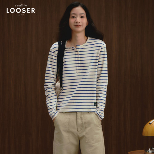iamLOOSER 秋季系列新款海军风亨利领条纹上衣高知小资松弛感长袖