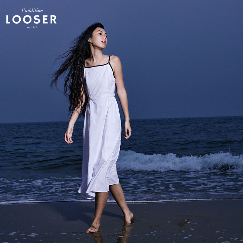 iamLOOSER 夏季系列 清冷艺术生浪漫白色包边吊带连衣裙小白裙女