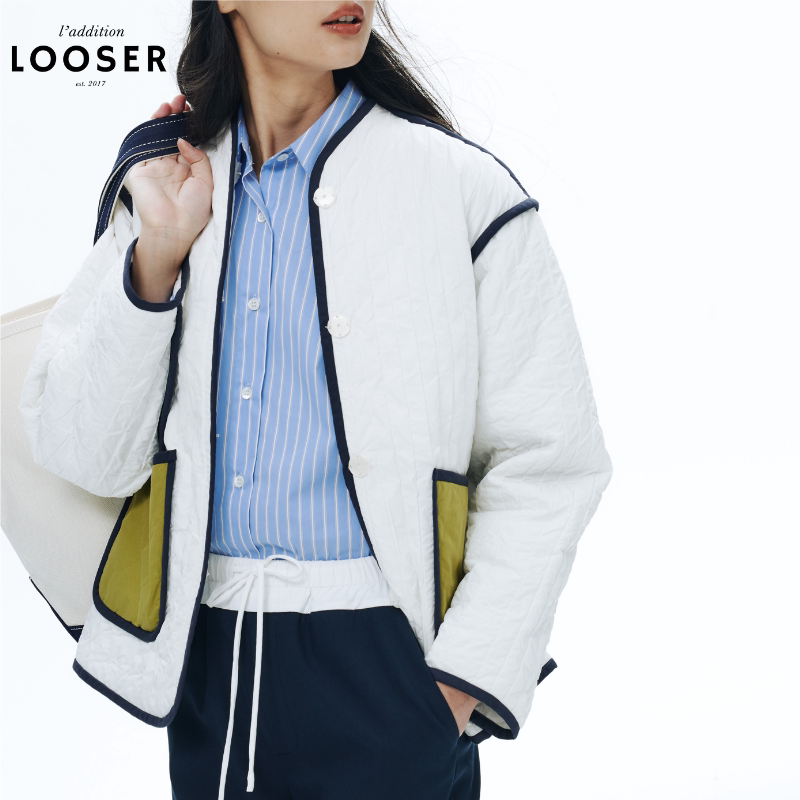 LOOSER薄款白色撞色棉服短外套
