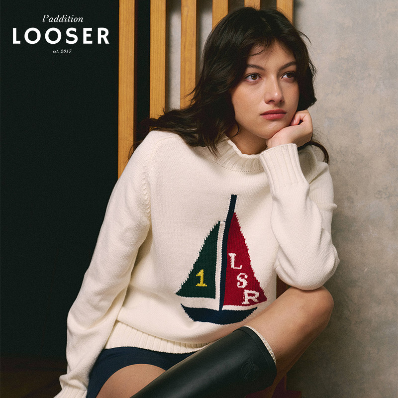 iamLOOSER 秋季系列 航海风奶油白软糯卷边半高领帆船图案毛衣