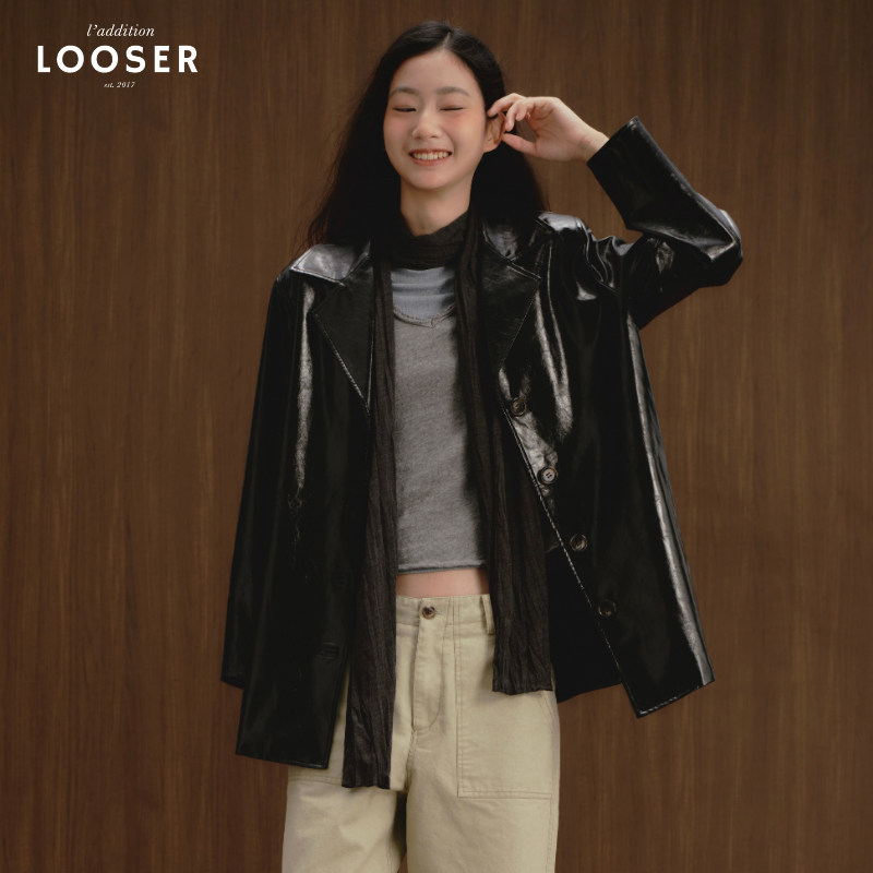 iamLOOSER 秋季系列新款90s复古油蜡皮西装领夹克酷飒风黑色皮衣