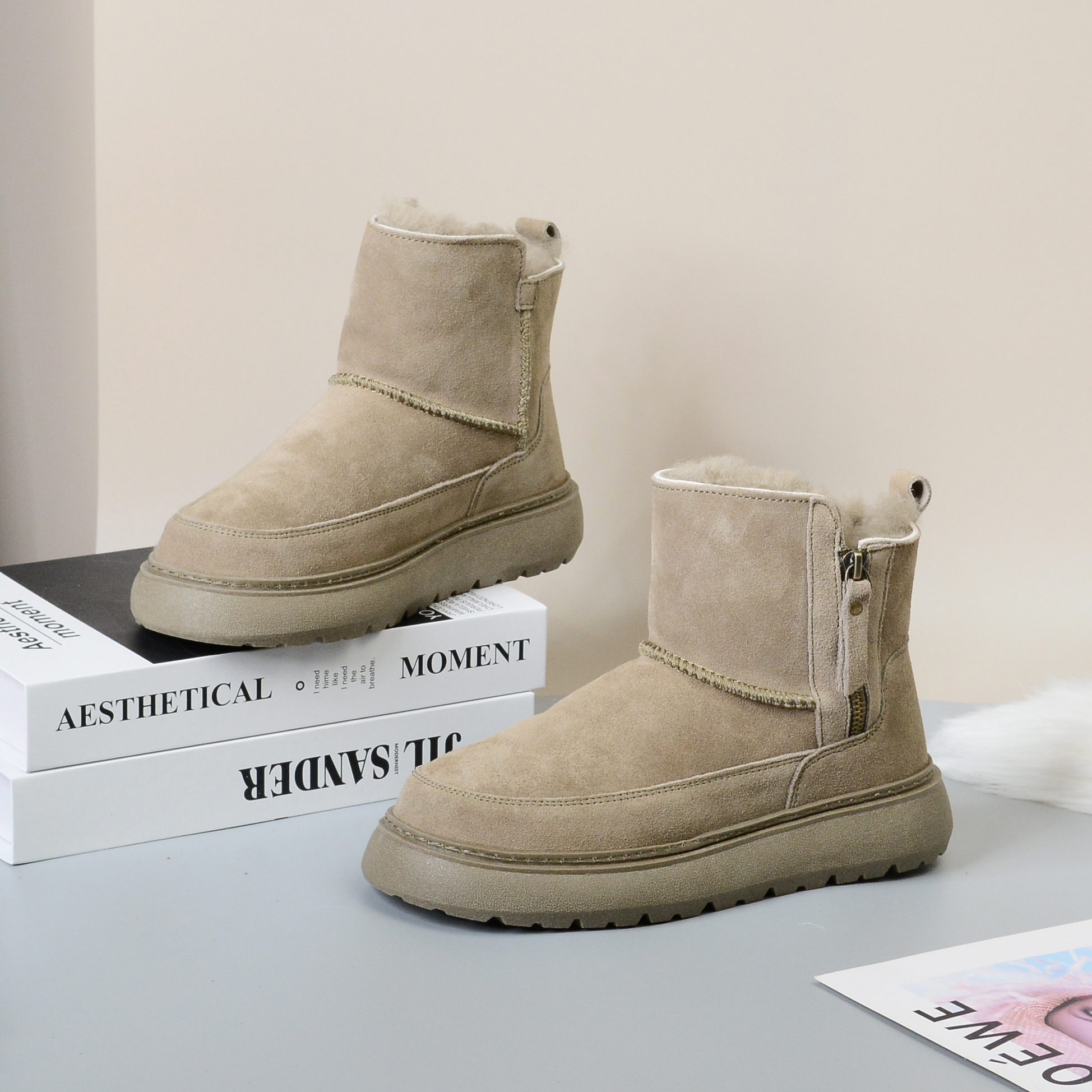 羊毛拉链雪地靴女皮毛一体短靴冬季保暖加绒加厚防水防滑厚底棉鞋