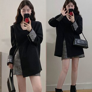 实拍~大码女装2025春季新款气质V领开叉上衣拼接亮片半身裙两件套