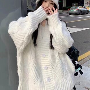 韩版秋冬暖呼呼慵懒风纯色V领长袖加厚毛衣开衫外套