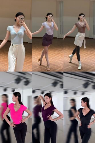 舞月LOYAL舞服V领扭结小飞袖显瘦收腰国标舞服成人女基础拉丁舞服