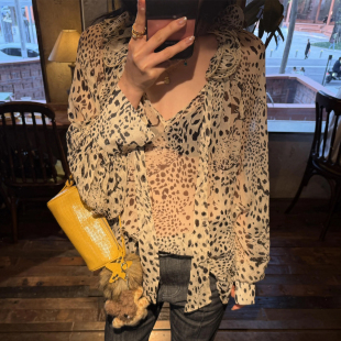 香氛小野豹贵贵oni 中GU调米底奢感立体感荷叶边飘带雪纺豹纹衬衫