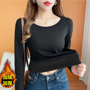 春秋打底修身长袖小衫女上衣 搭配牛仔背带裤子的秋衣内搭外穿T恤