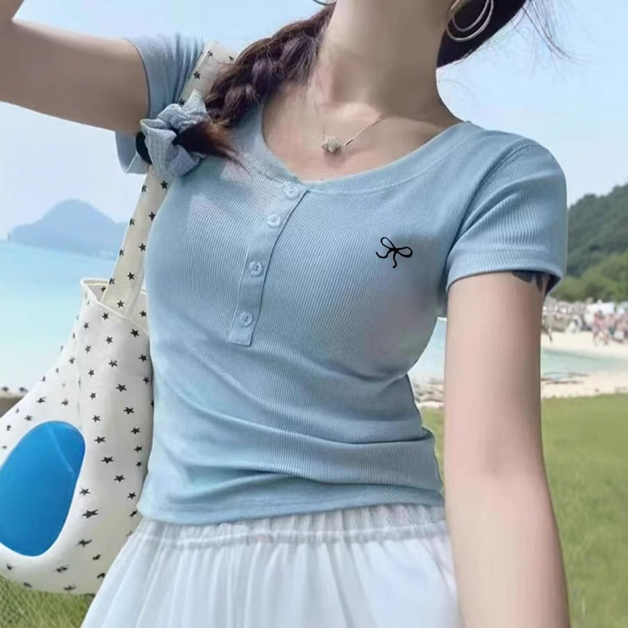 搭配半身长裙短裙子阔腿牛仔背带裤的上衣少女t恤中袖衫闺蜜夏装 - 实物图