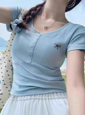 搭配半身长裙短裙子阔腿牛仔背带裤的上衣少女t恤中袖衫闺蜜夏装