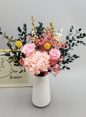 永生玫瑰尤加利干花花束网红摆件真花满天星绣球水晶草家居装饰