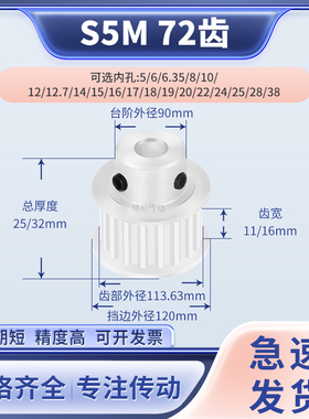同步带轮S5M72齿宽11/16BF内孔5 6 8 10 12 14151920输送机同步轮