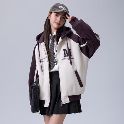 大童男孩加绒加厚秋冬外套夹克棉服女童初中生青少年拉链连帽卫衣