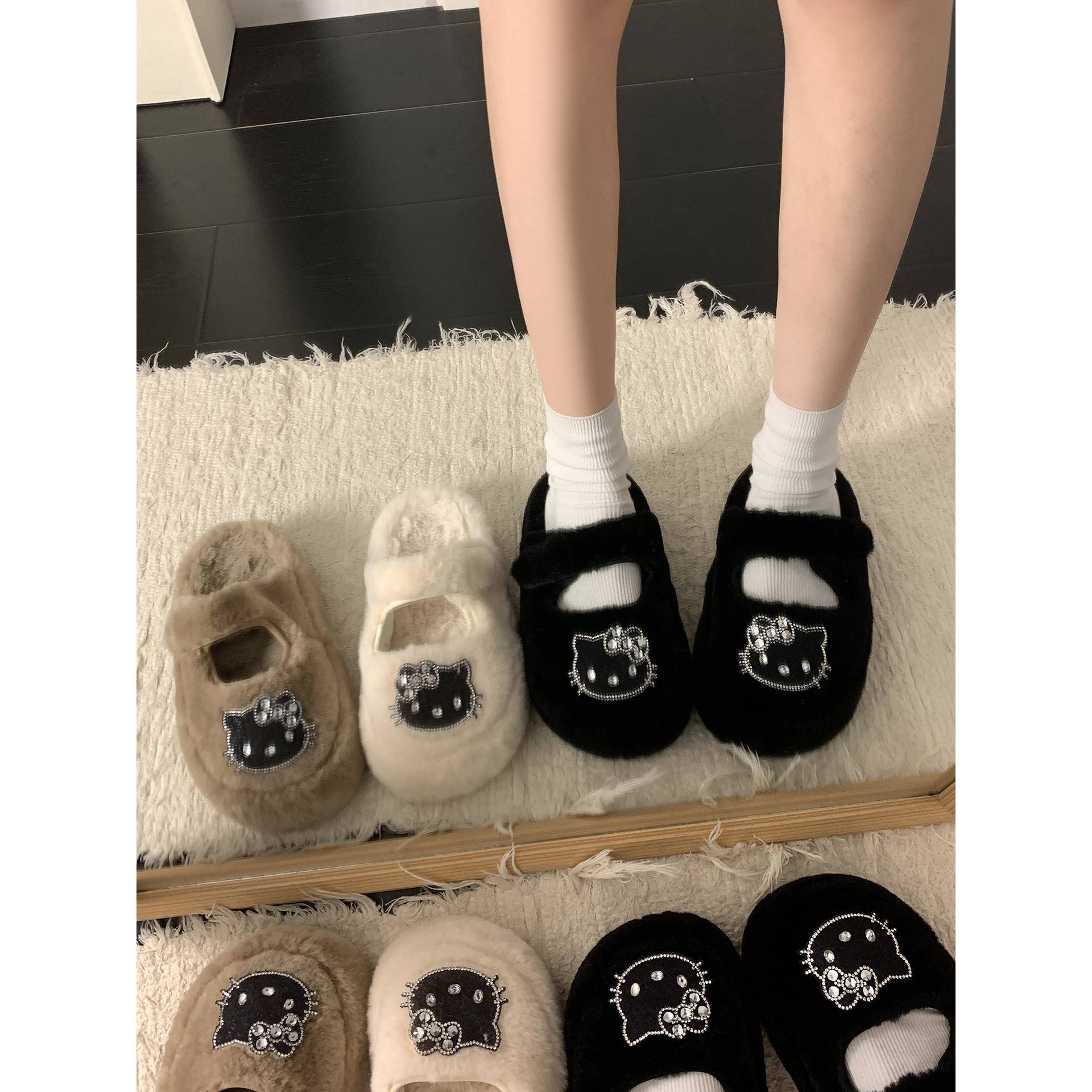 2025新款厚底增高毛拖鞋女秋季百搭毛可爱卡通包头棉拖凯蒂猫拖鞋