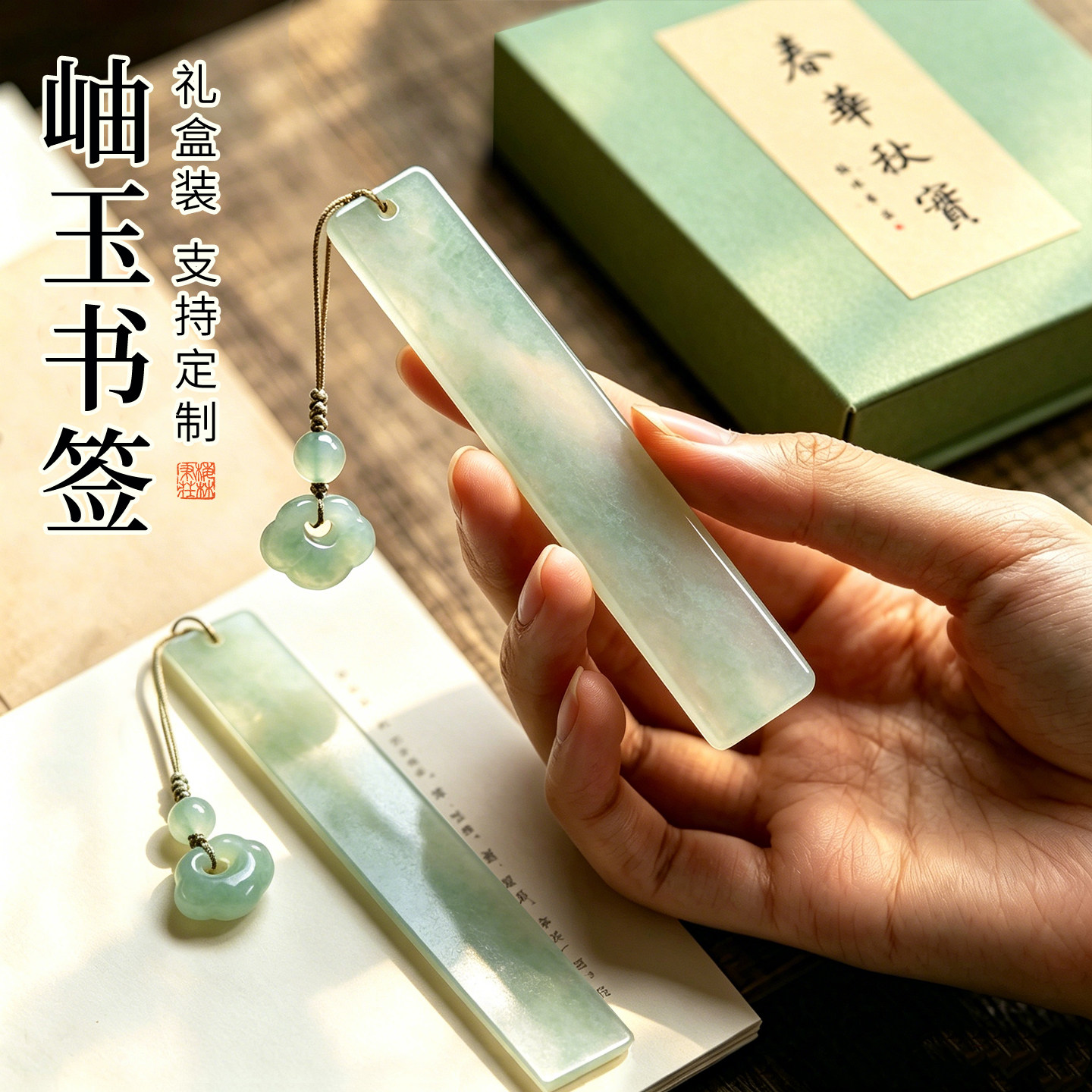 岫玉书签古典新中式高颜值精致文创用品流苏玉石精美国风岫岩玉学生创意礼物纪念品实用生日礼盒送老师可定制