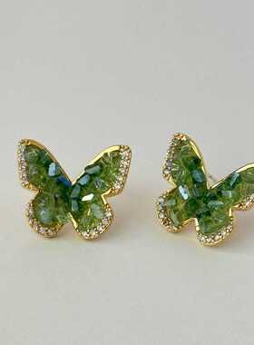 MAGICBOXACC甜美小清新绿色渐变水晶蝴蝶耳钉女气质百搭精致耳环