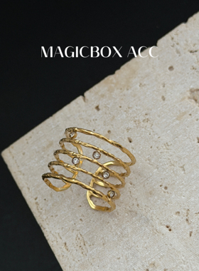MAGICBOXACC欧美风轻奢简约多层几何线条镶钻钛钢戒指叠戴指环女