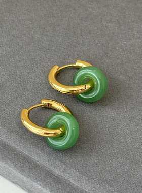MAGICBOXACC新中式玉石质感平安扣耳圈复古百搭黄铜耳环两戴耳扣